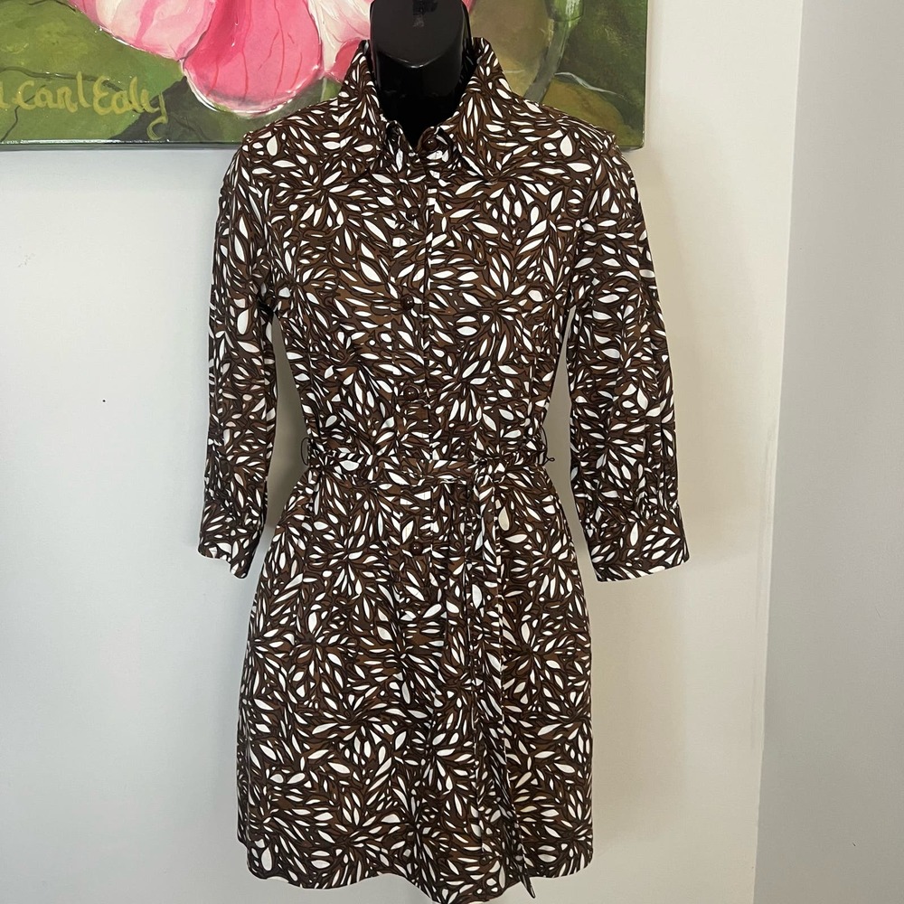 An Original Milly Shirt Dress Size 2 Brown White Print Belted Mini City Chic - Picture 6 of 16